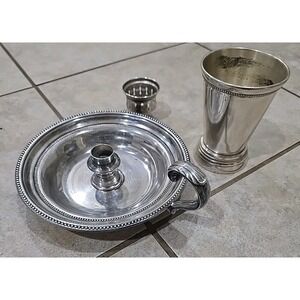 Silverplate Bead Edge Chamberstick Candlestick w Floral Top Snuffer 3pcs